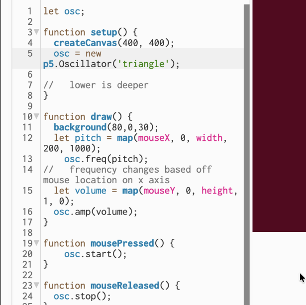 Different frequency depending mouse position code